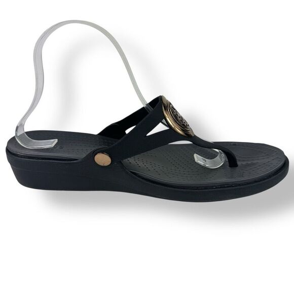 Crocs Sanrah Wedge Sandals Black Metallic Gold Circle Medallion Ring Womens 11 - Picture 5 of 13